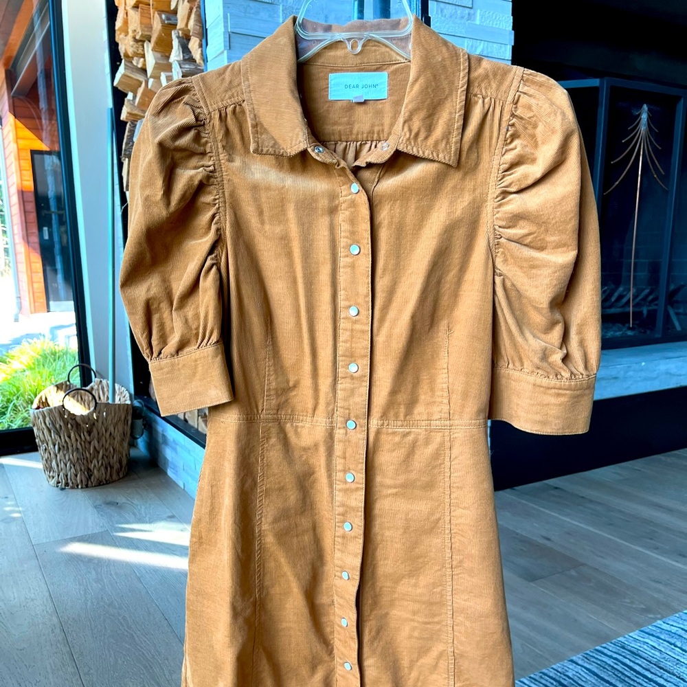 Dear John XS pin wale corduroy dress with pearl snap closures. Carmel color